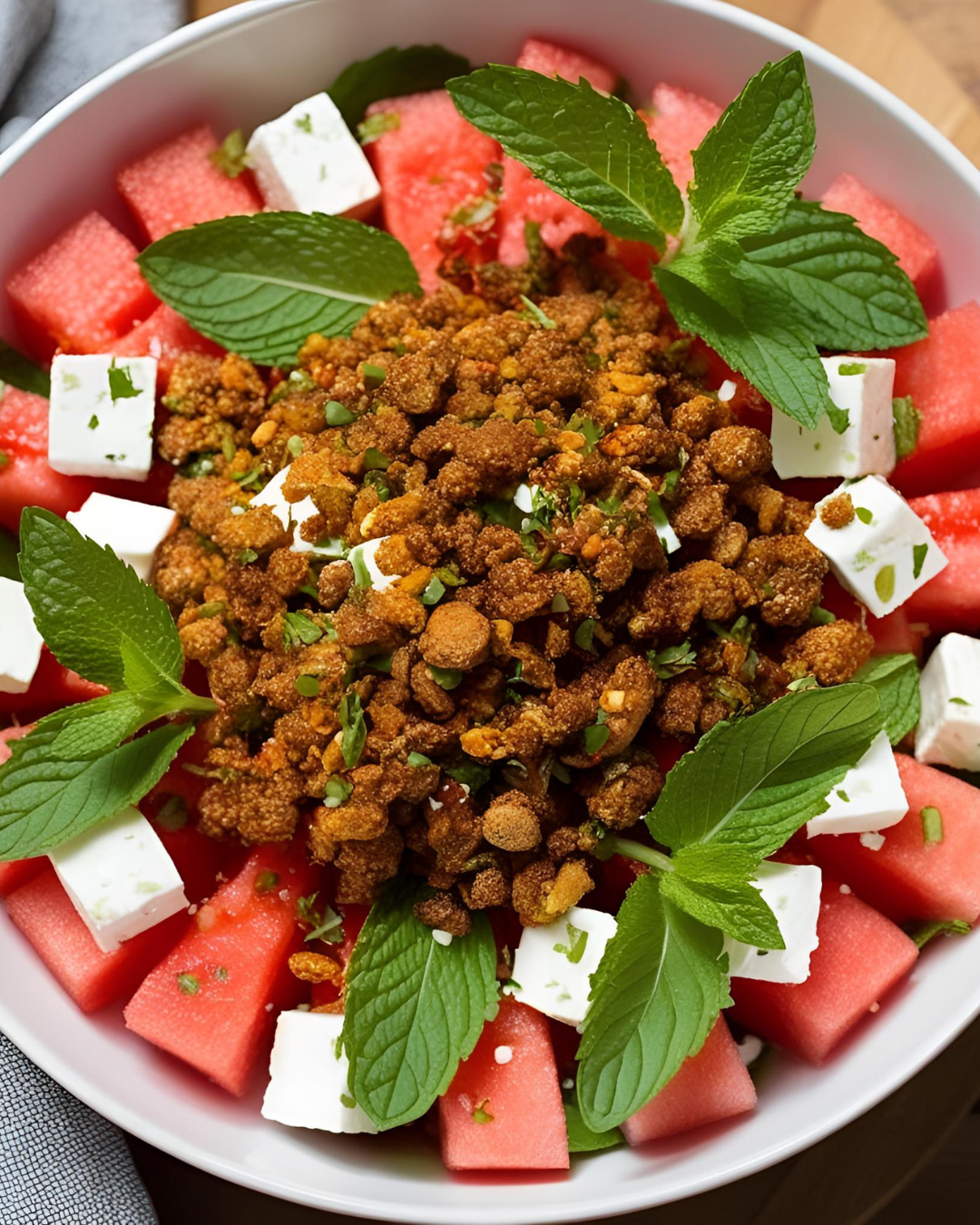 Veganer Wassermelonen-Salat mit Minced-Topping