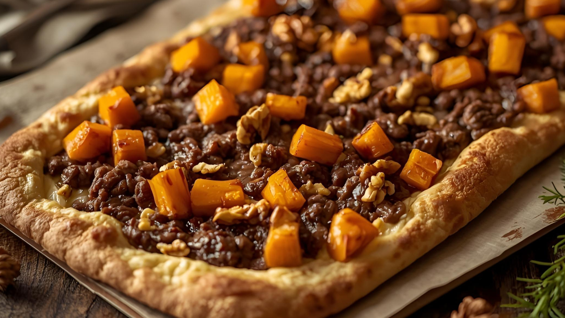 Kürbis-Walnuss-Flammkuchen mit Ahornsirup und Minced